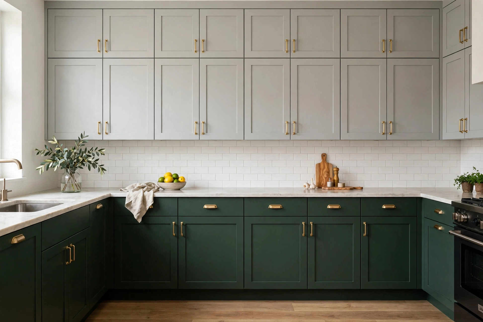 Soft gray upper cabinets over deep forest green base cabinets