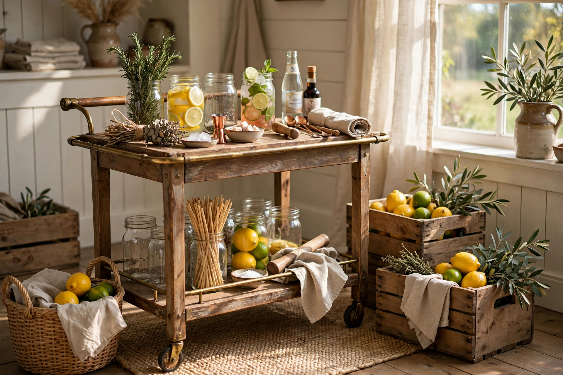 Farmhouse Rustic Bar Cart With Mason Jars And Wooden Crates