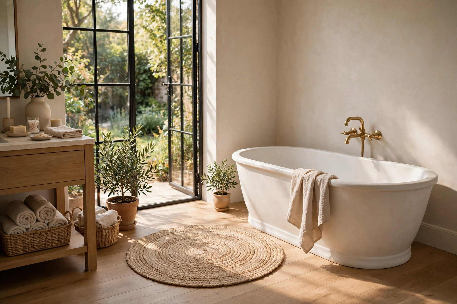 Round Woven Rug Beside A Freestanding Soaking Tub