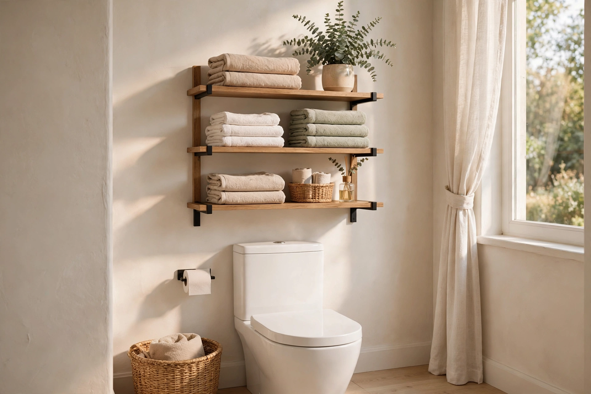 Over Toilet Shelving Unit With Folded Towels And A Plant