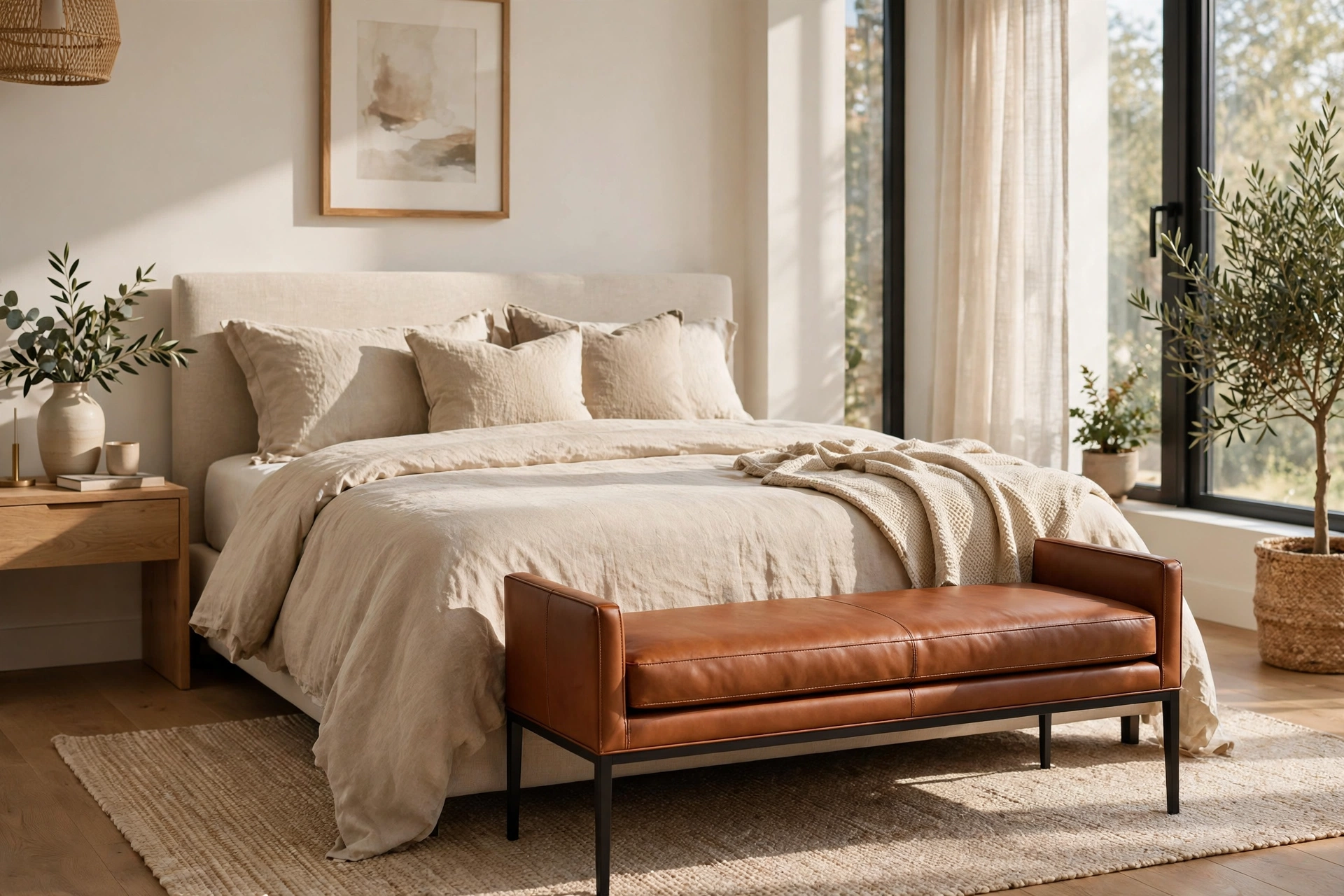 Slim Cognac Leather Bench with Tailored Silhouette in Modern Bedroom