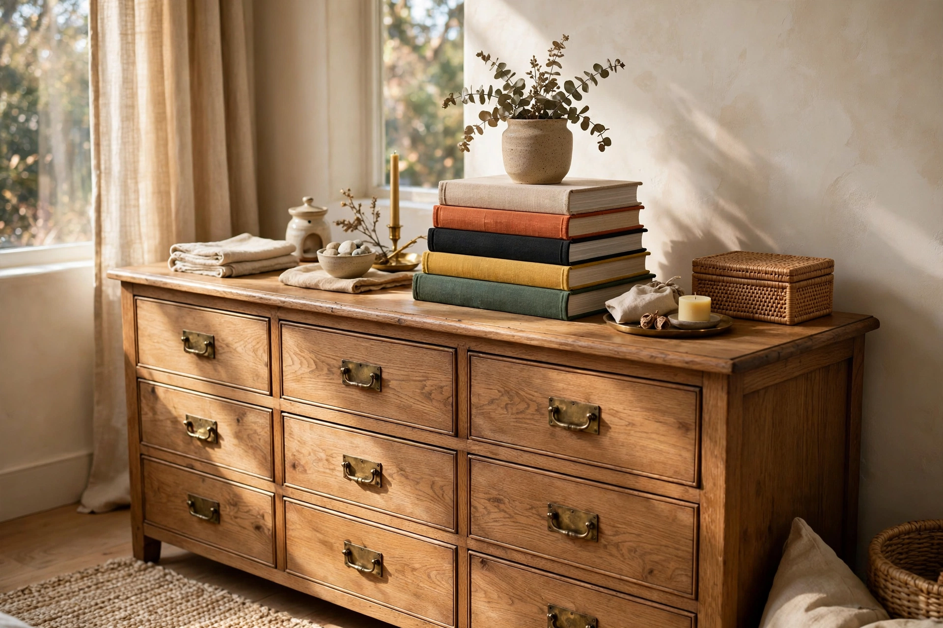 Stacked Coffee Table Books Used as a Riser on a Dresser