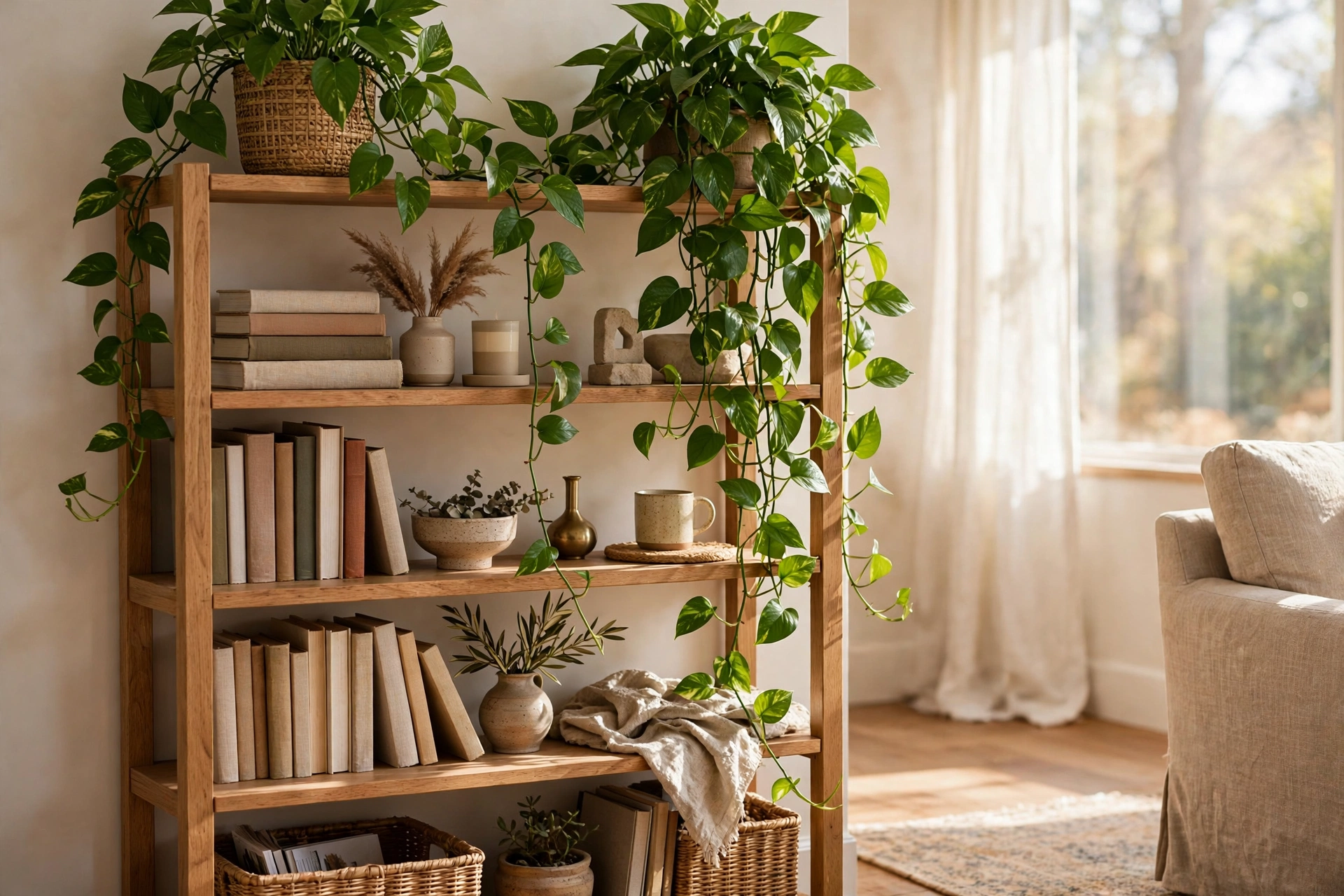 Trailing Pothos Plant Cascading Over A Styled Living Room Bookcase