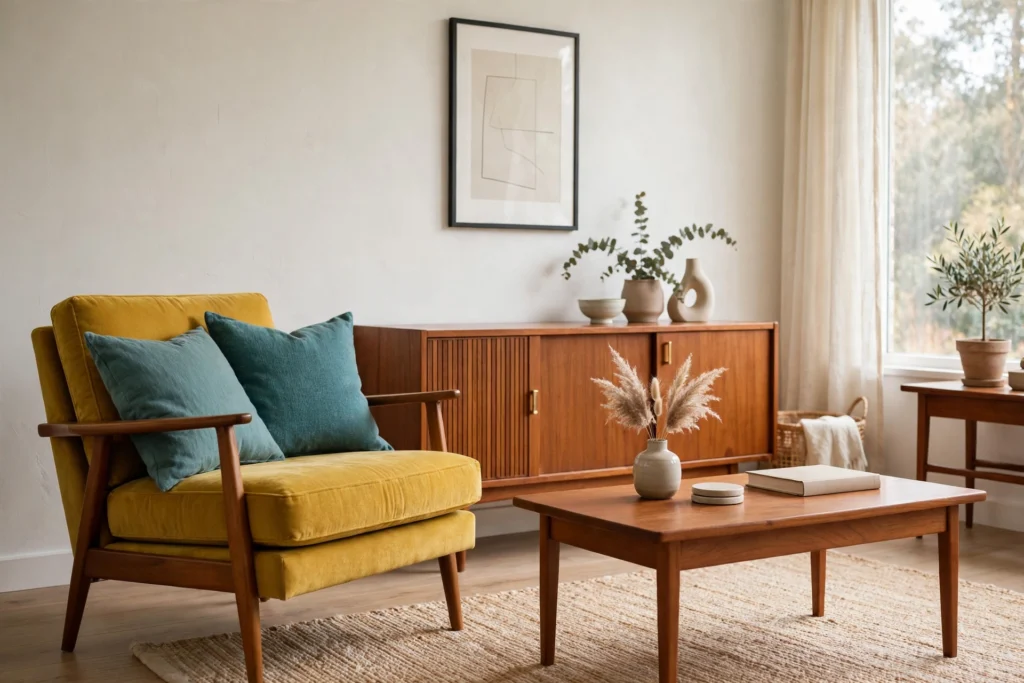 Mustard armchair and teal cushions with teak furniture in a mid-century living room