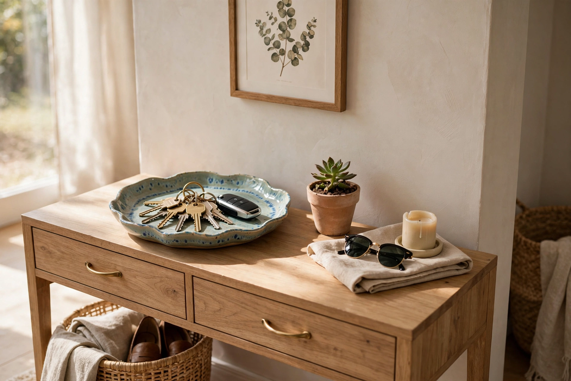 Decorative Catch-All Tray Holding Keys On A Console Table