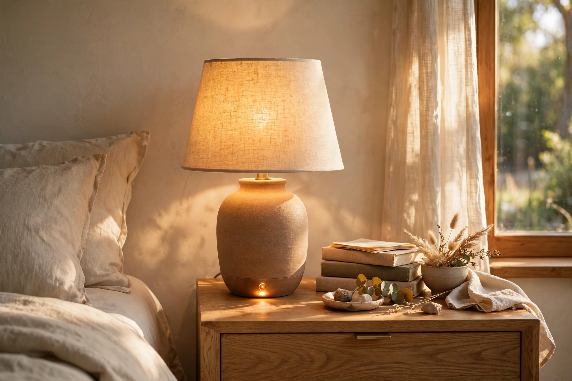 Touch Dimmer Lamp Glowing On Nightstand