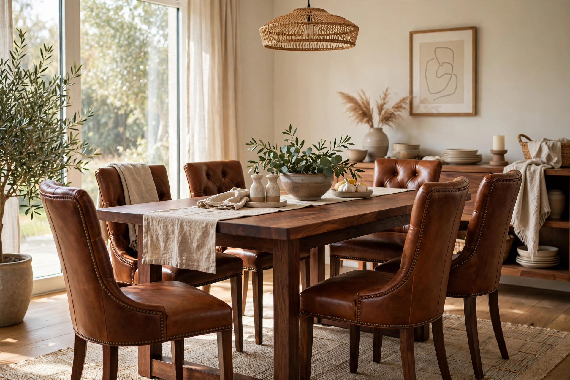 Cognac Leather Dining Chairs Around a Walnut Table