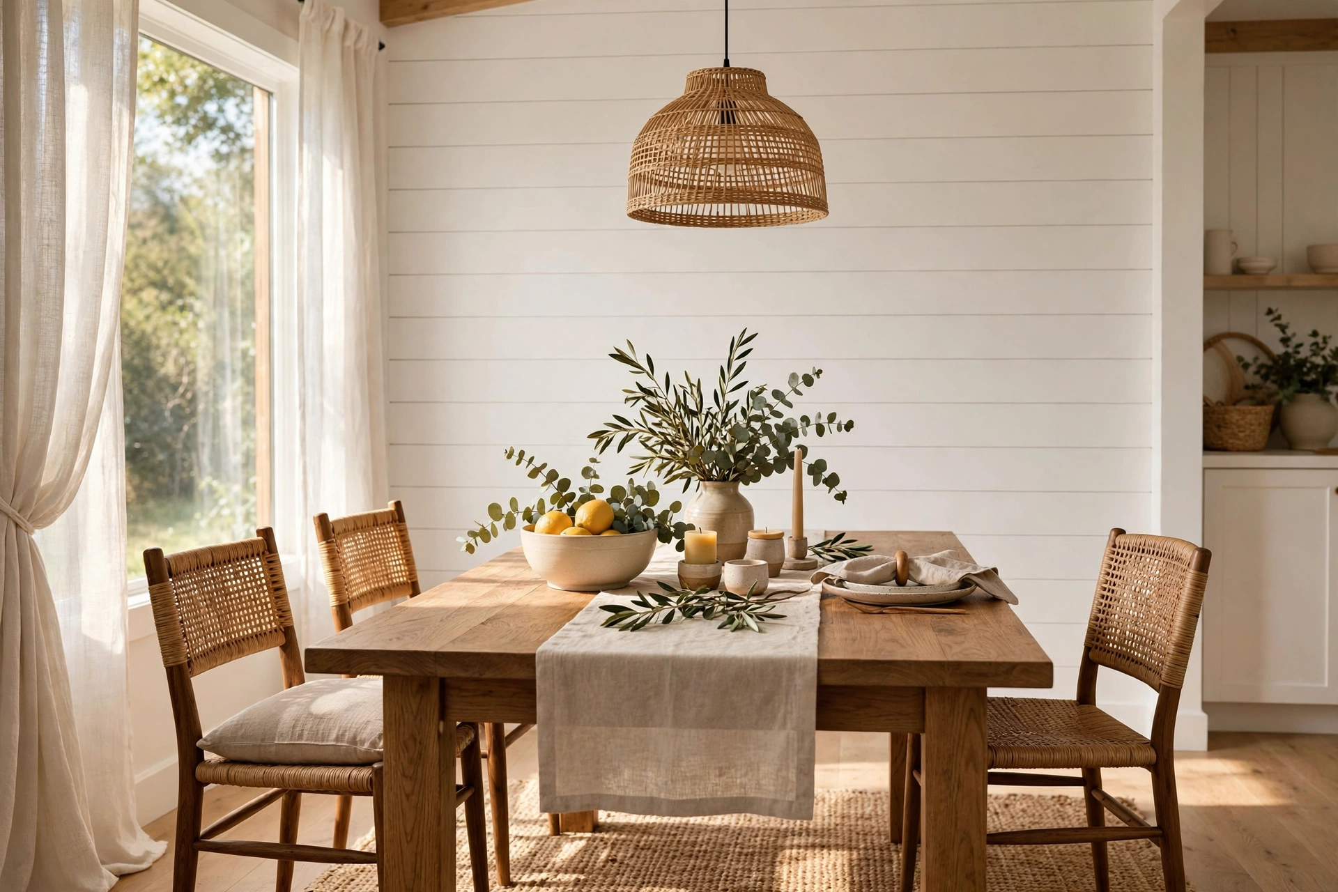 White Shiplap Accent Wall Behind a Wooden Dining Table