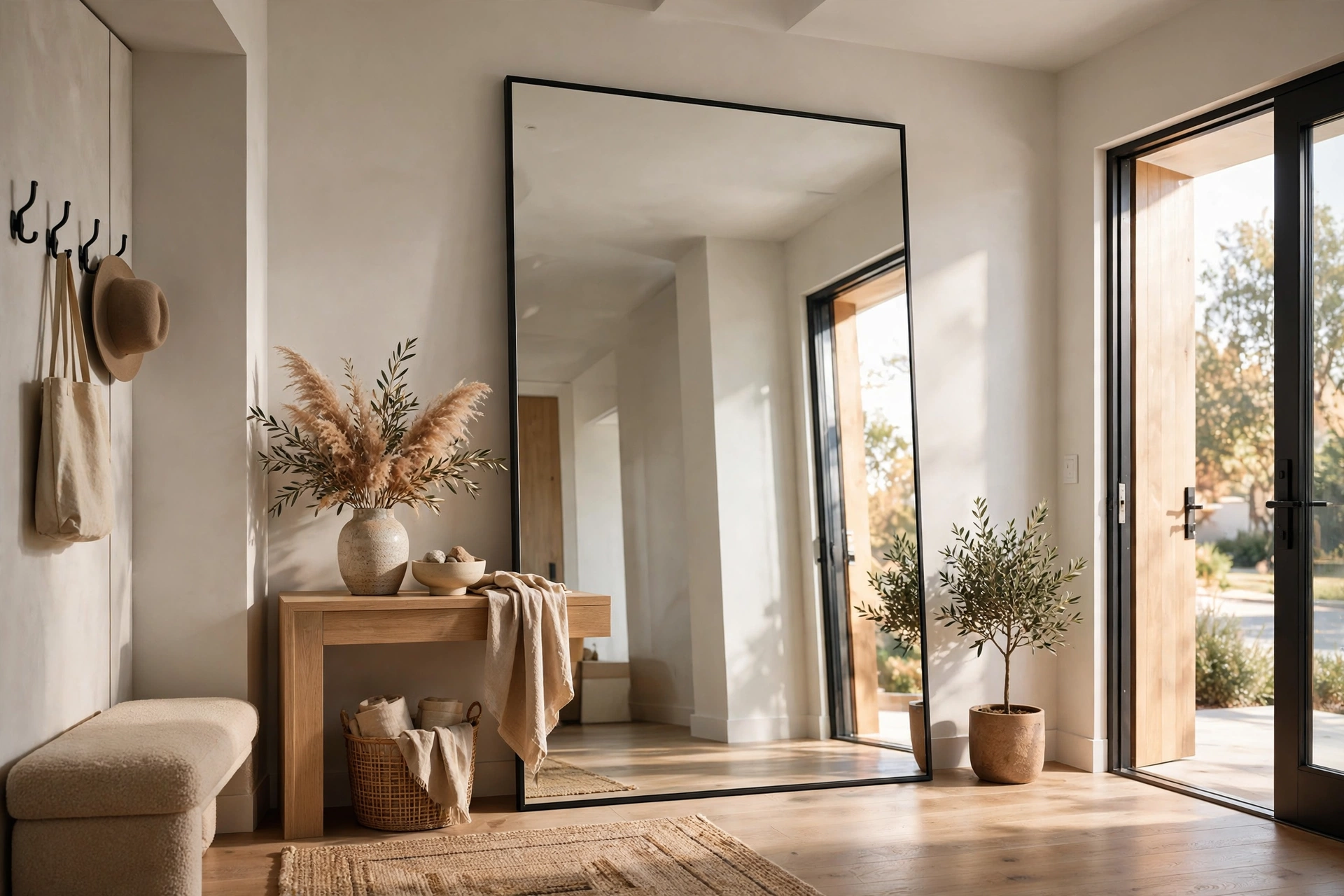 Oversized Rectangular Mirror in a Modern Entryway