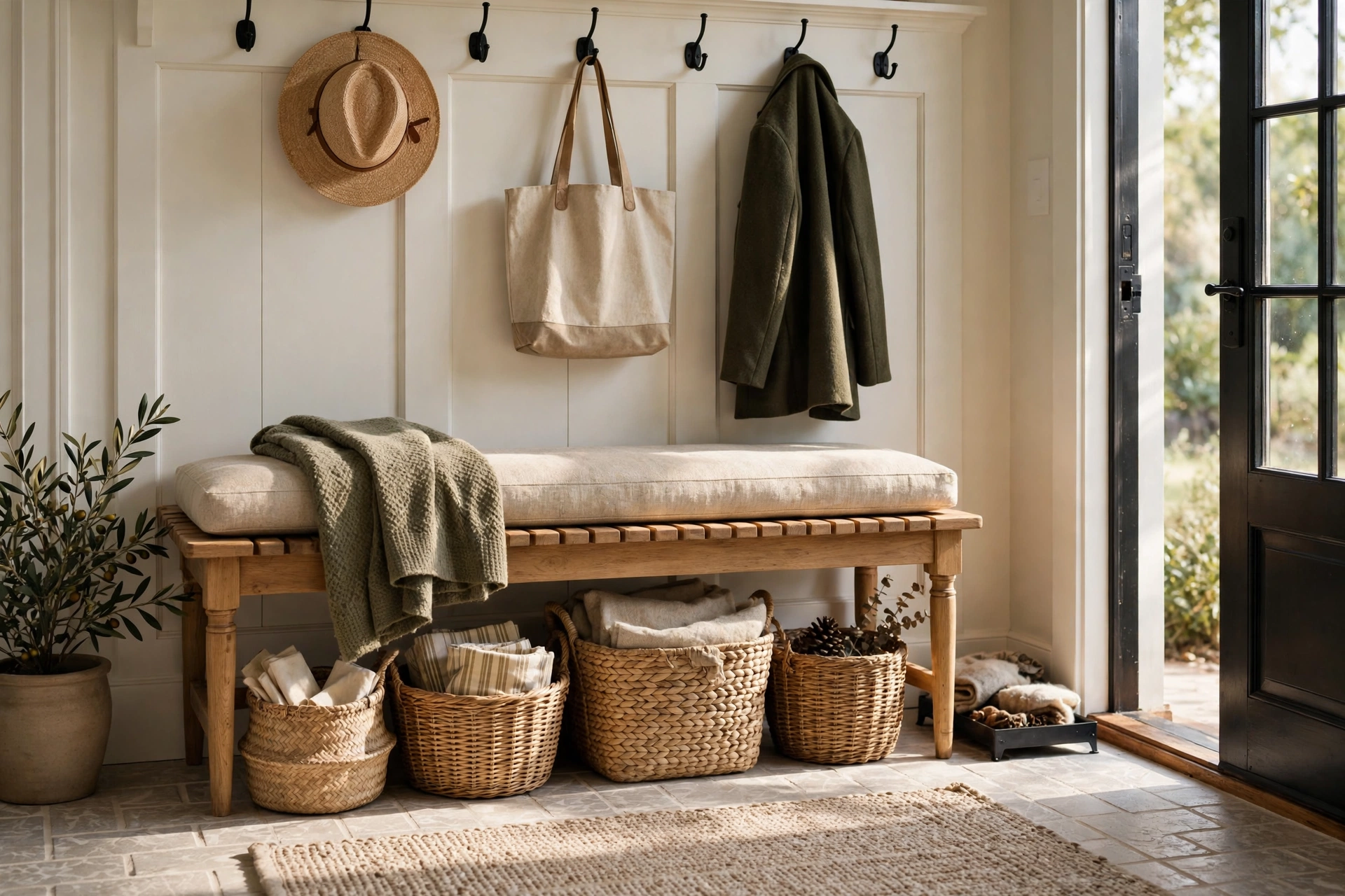 Woven Baskets Under a Bench in a Farmhouse Entryway