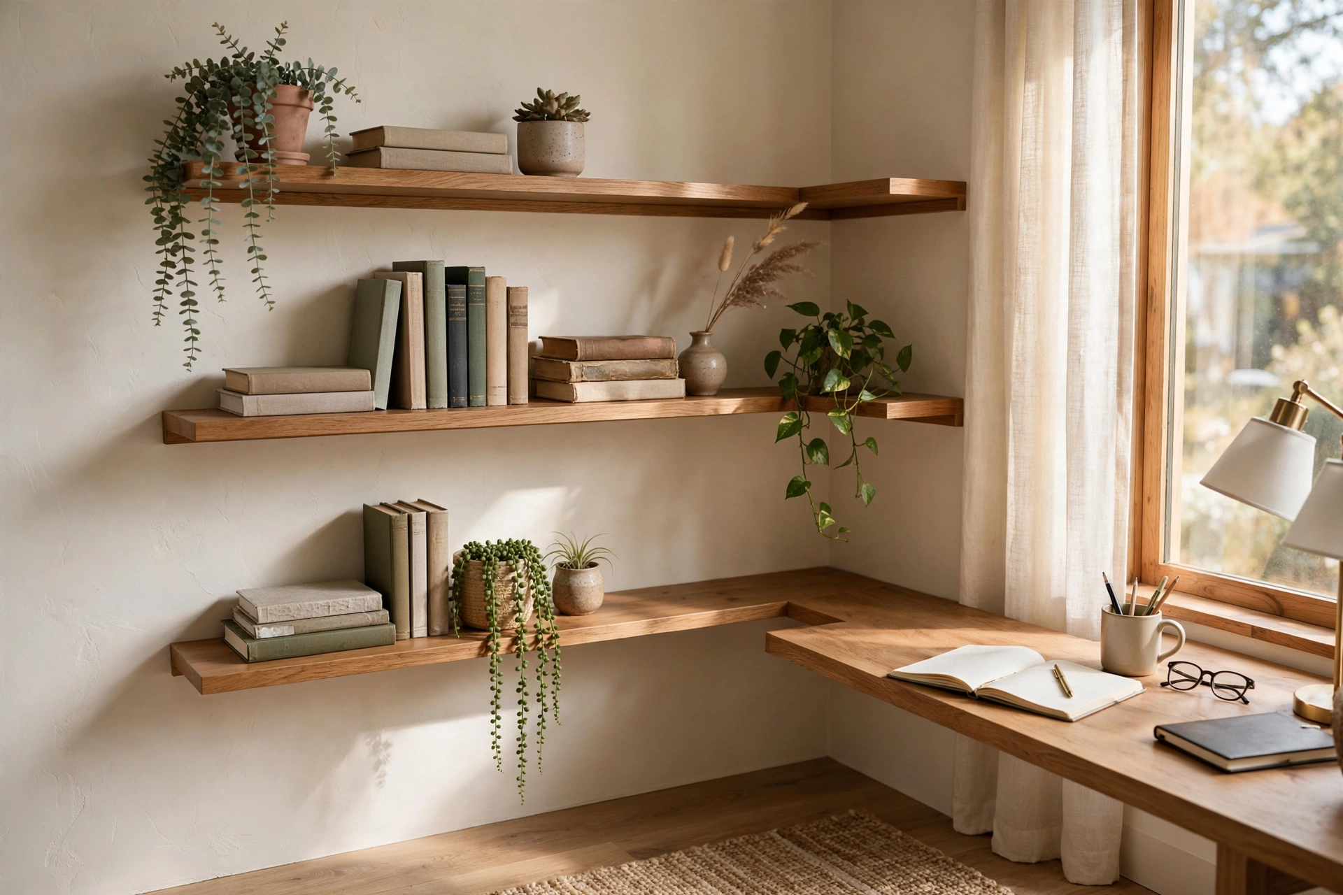 Corner Floating Shelves With Books And Plants In A Home Office