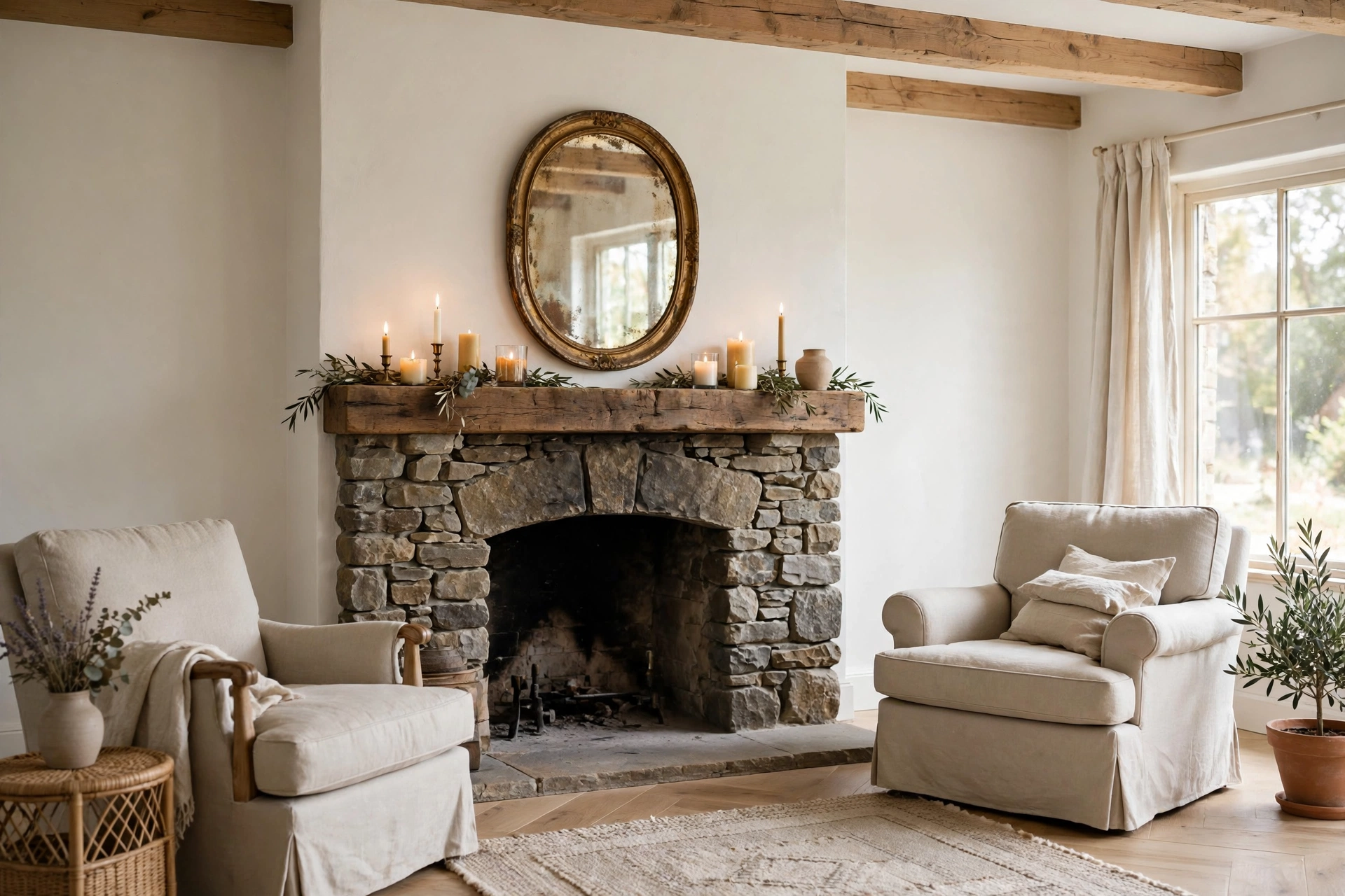 Rustic stone fireplace with styled wooden mantel in a cozy cottage living room