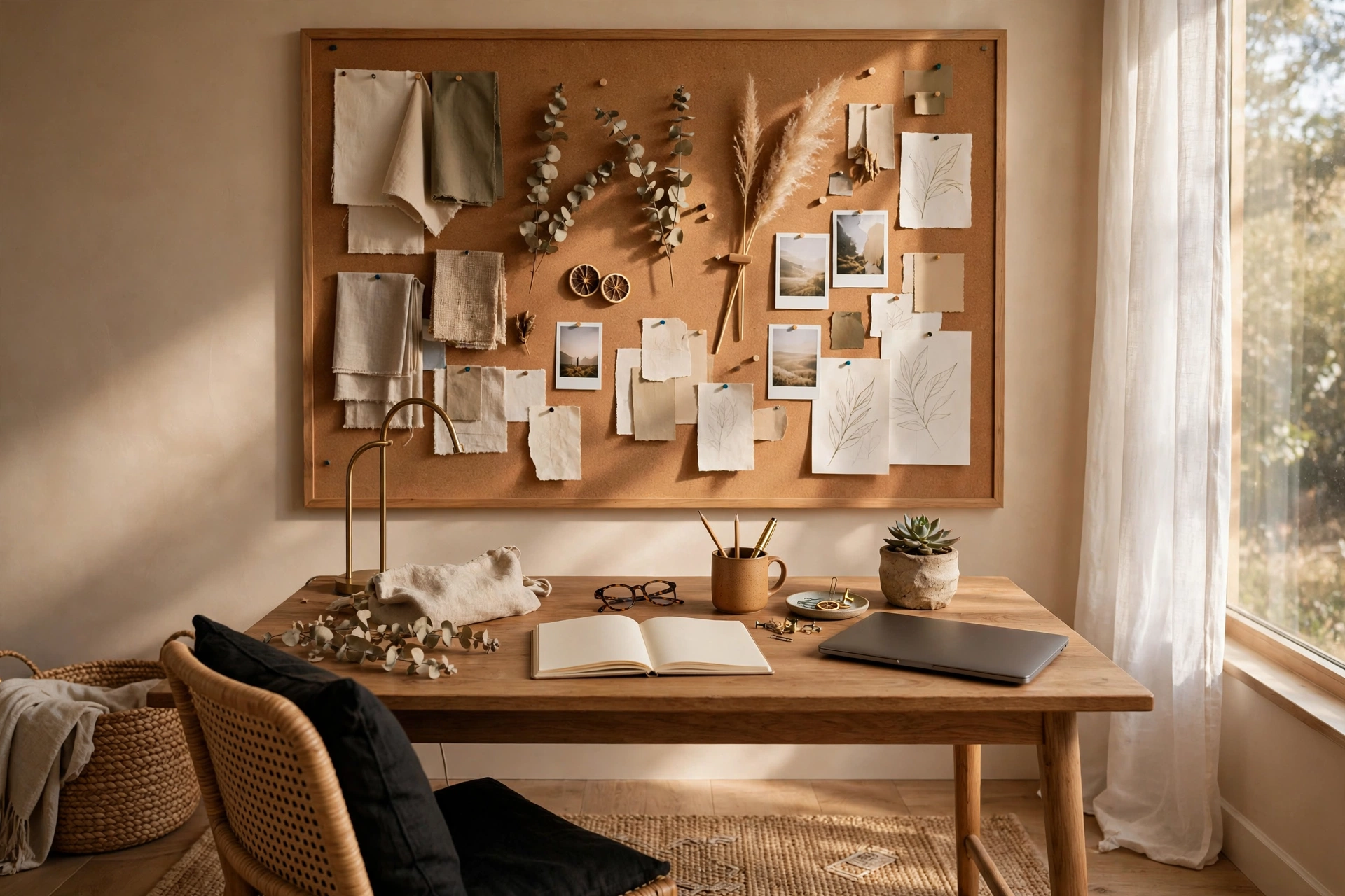 Home Office With Corkboard Inspiration Board Above Desk