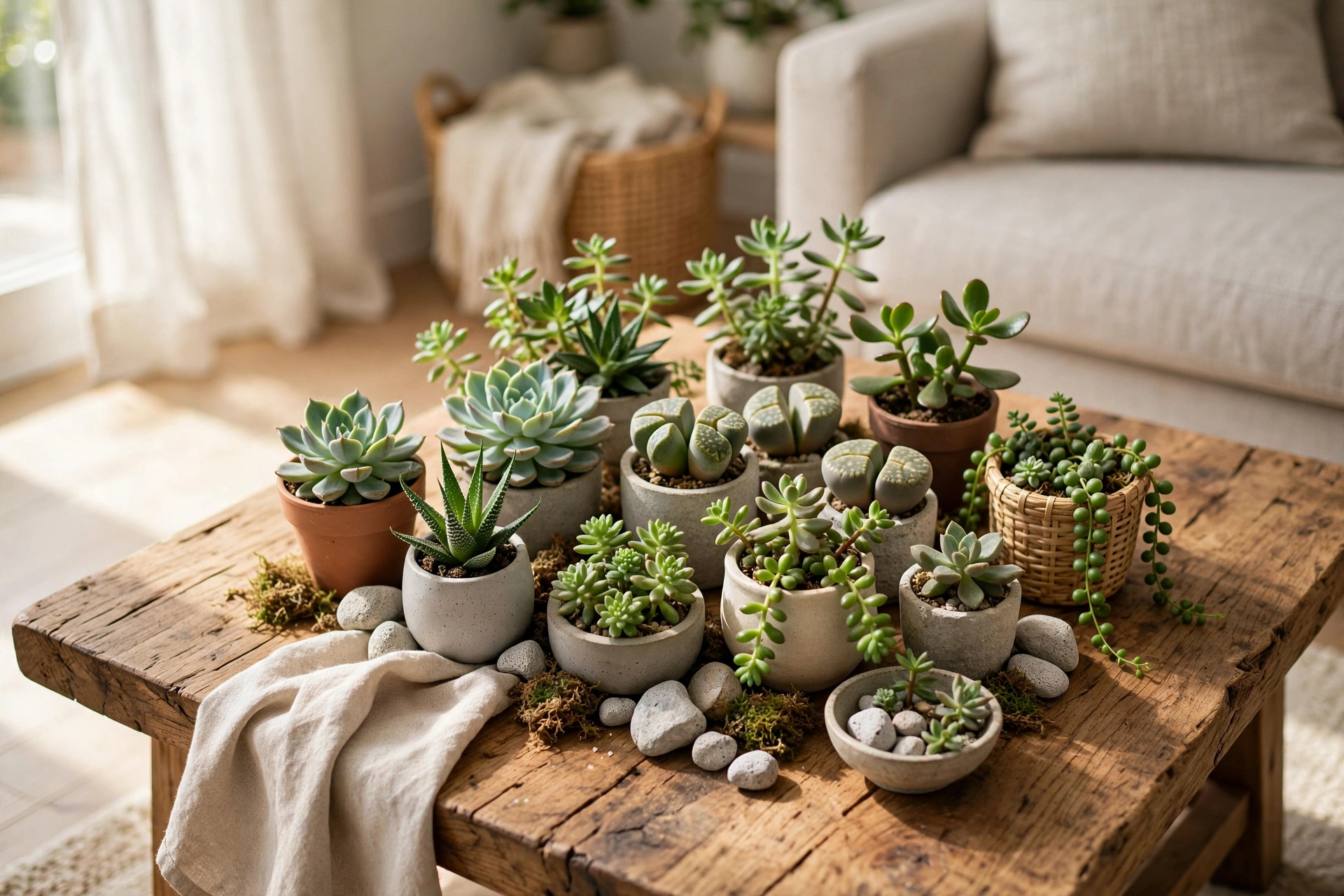 Small Green Plants And Succulents Arranged On A Wooden Coffee Table