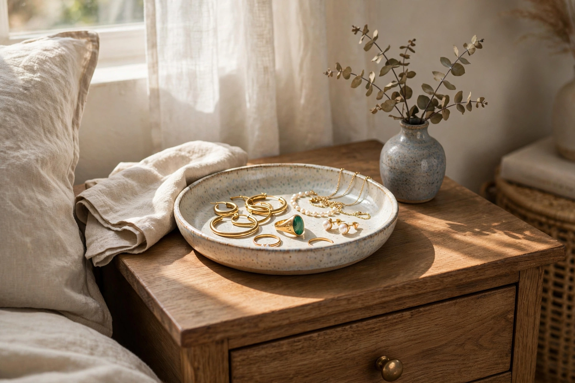 Ceramic Catch-All Dish With Jewelry On Nightstand