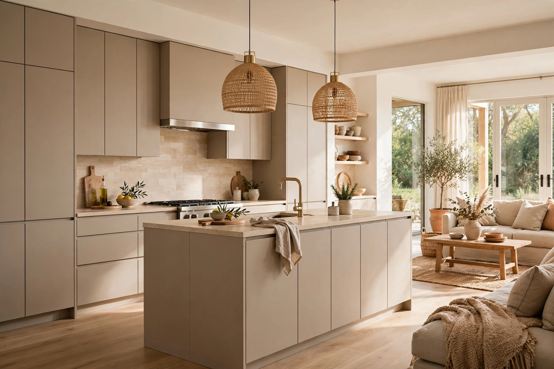Open Concept Kitchen With Flat Panel Cabinets In Warm Neutral Tones