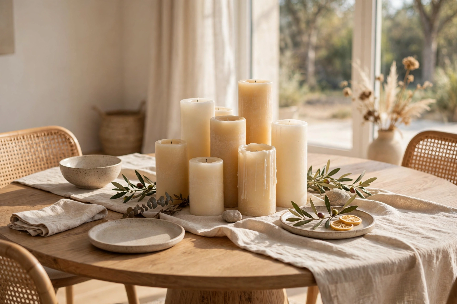 Cluster of Pillar Candles on a Round Dining Table