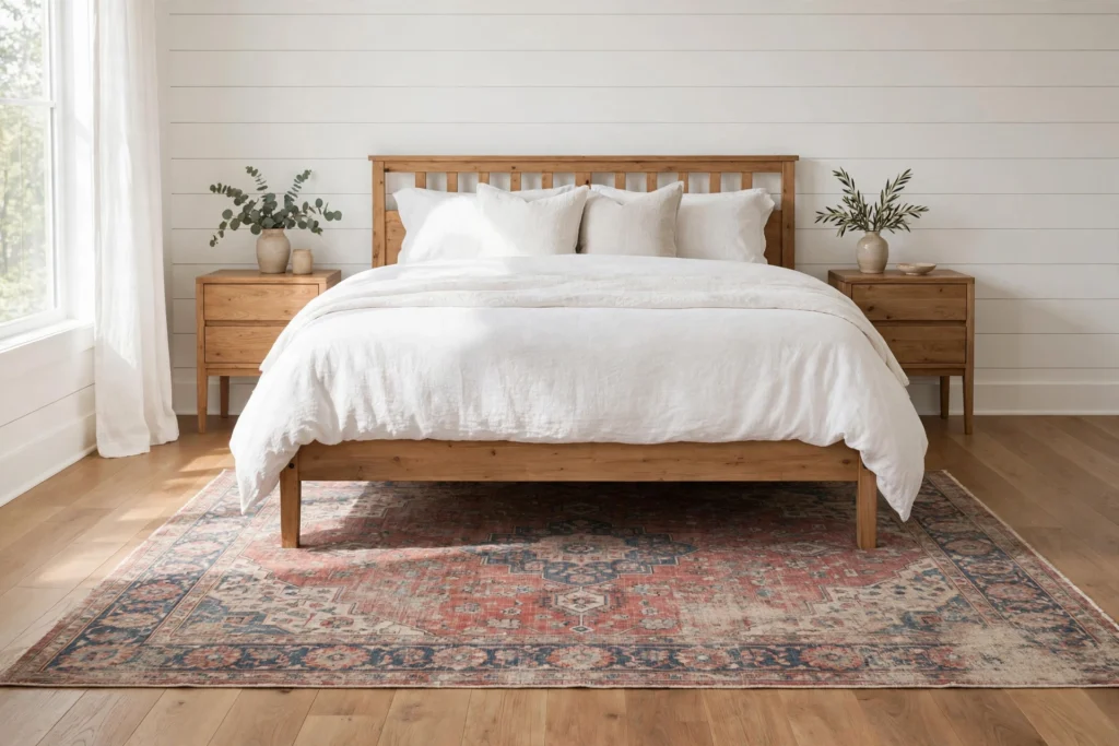 Vintage-style faded Persian rug under a farmhouse bed with wooden nightstands on each side