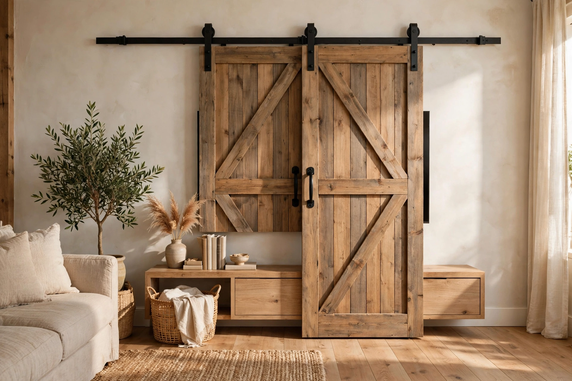 Sliding Barn Doors Concealing A Wall Mounted TV
