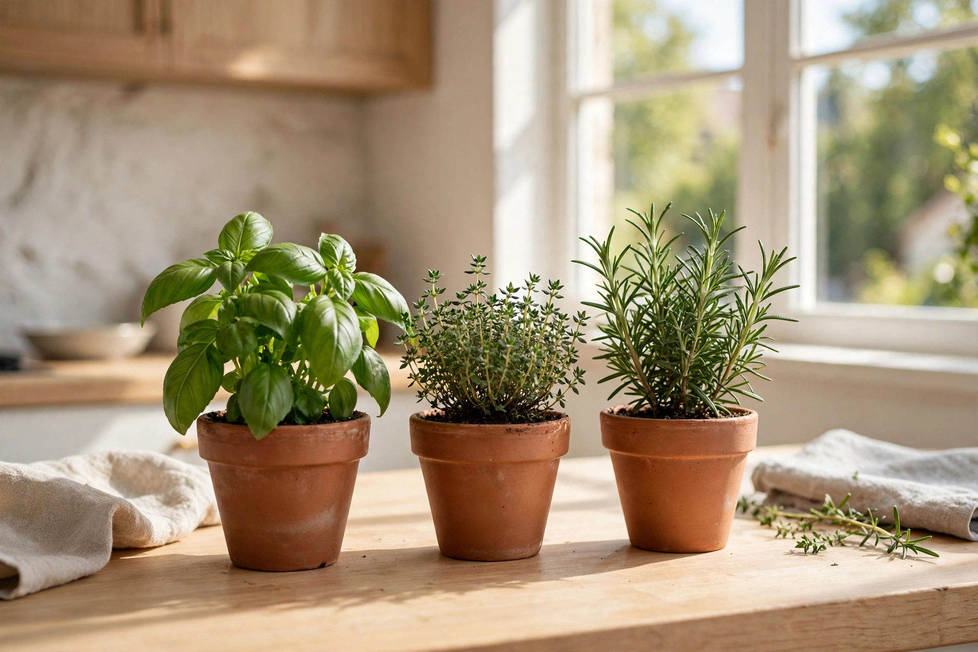 Fresh Herbs In Pretty Pots On Kitchen Countertop