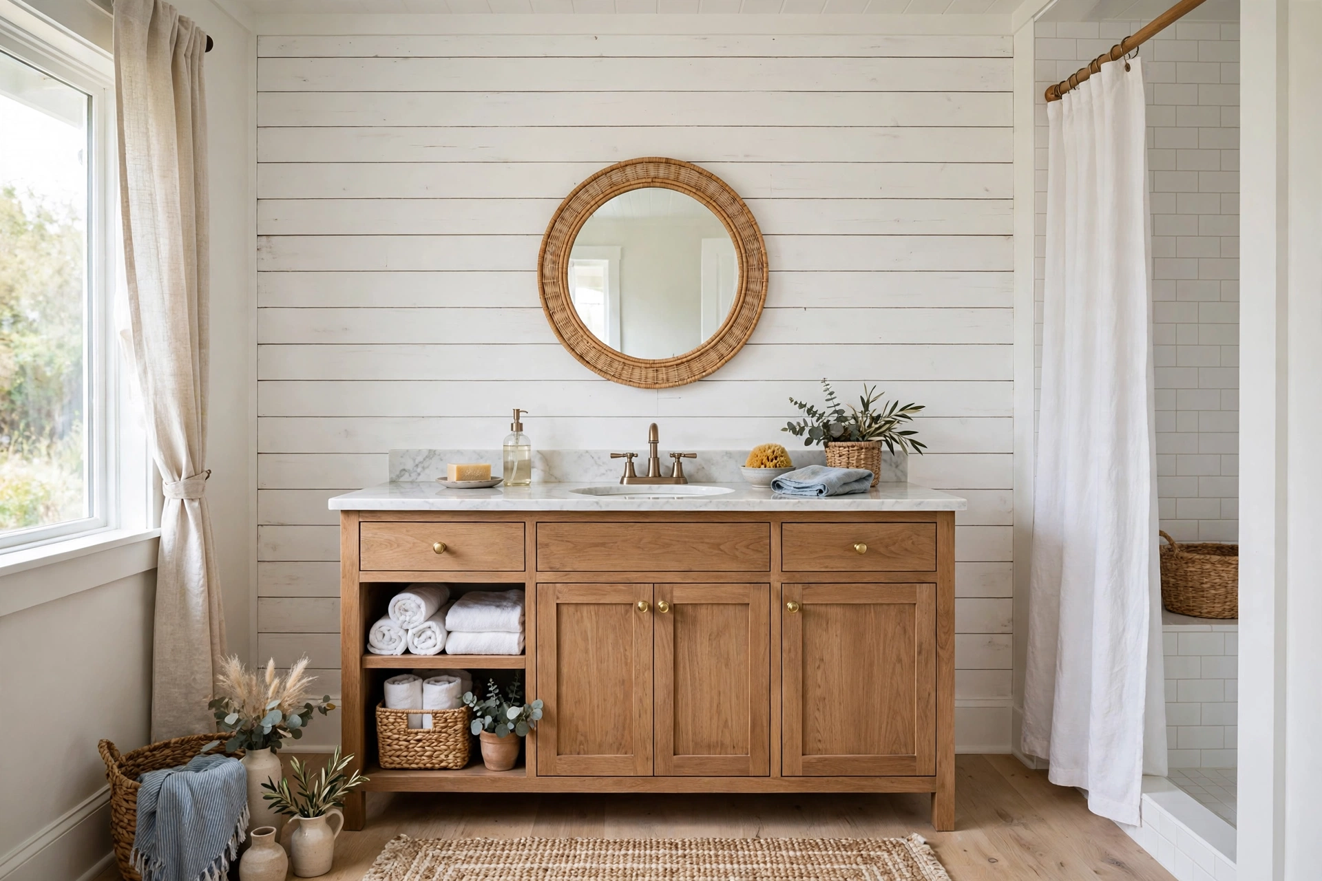 Shiplap Paneling Accent Wall With Texture In Bathroom