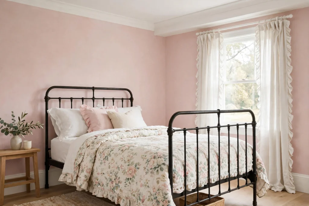 Pastel blush cottage bedroom walls with white trim, floral bedding and iron bed