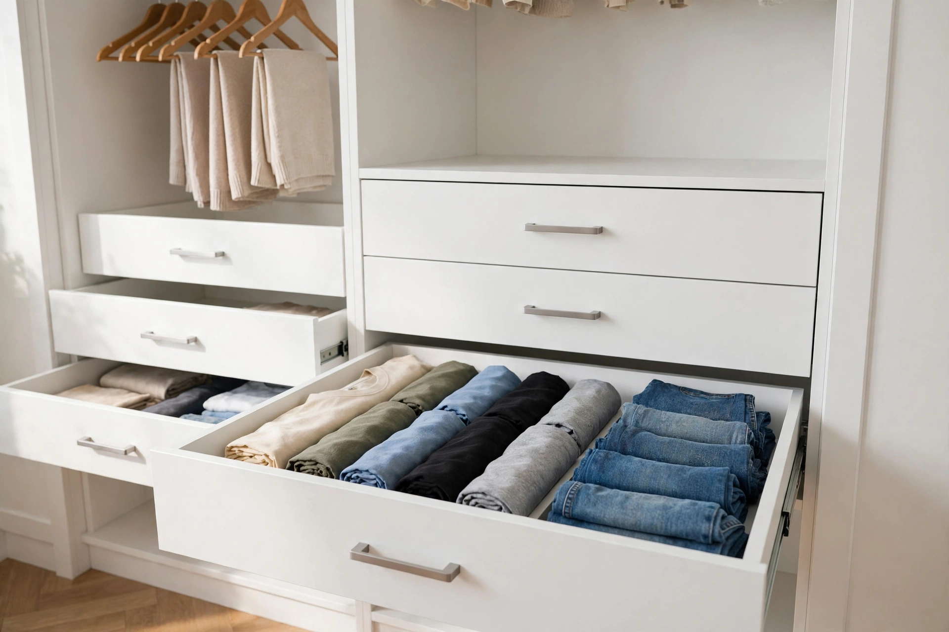 Pull Out Closet Drawers With File Folded Clothes