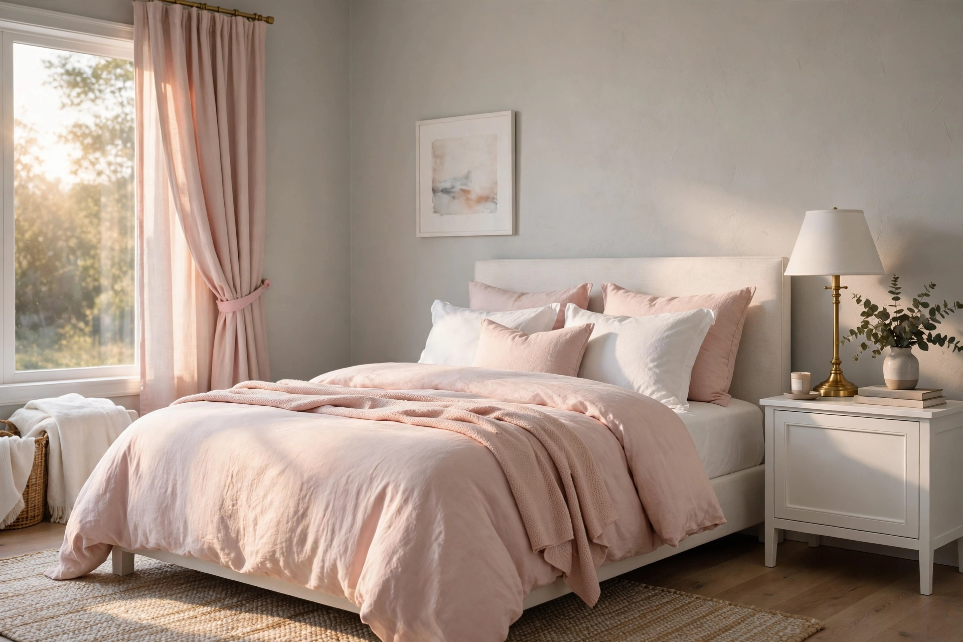 Romantic Bedroom With Blush Pink Bedding And Gray Walls