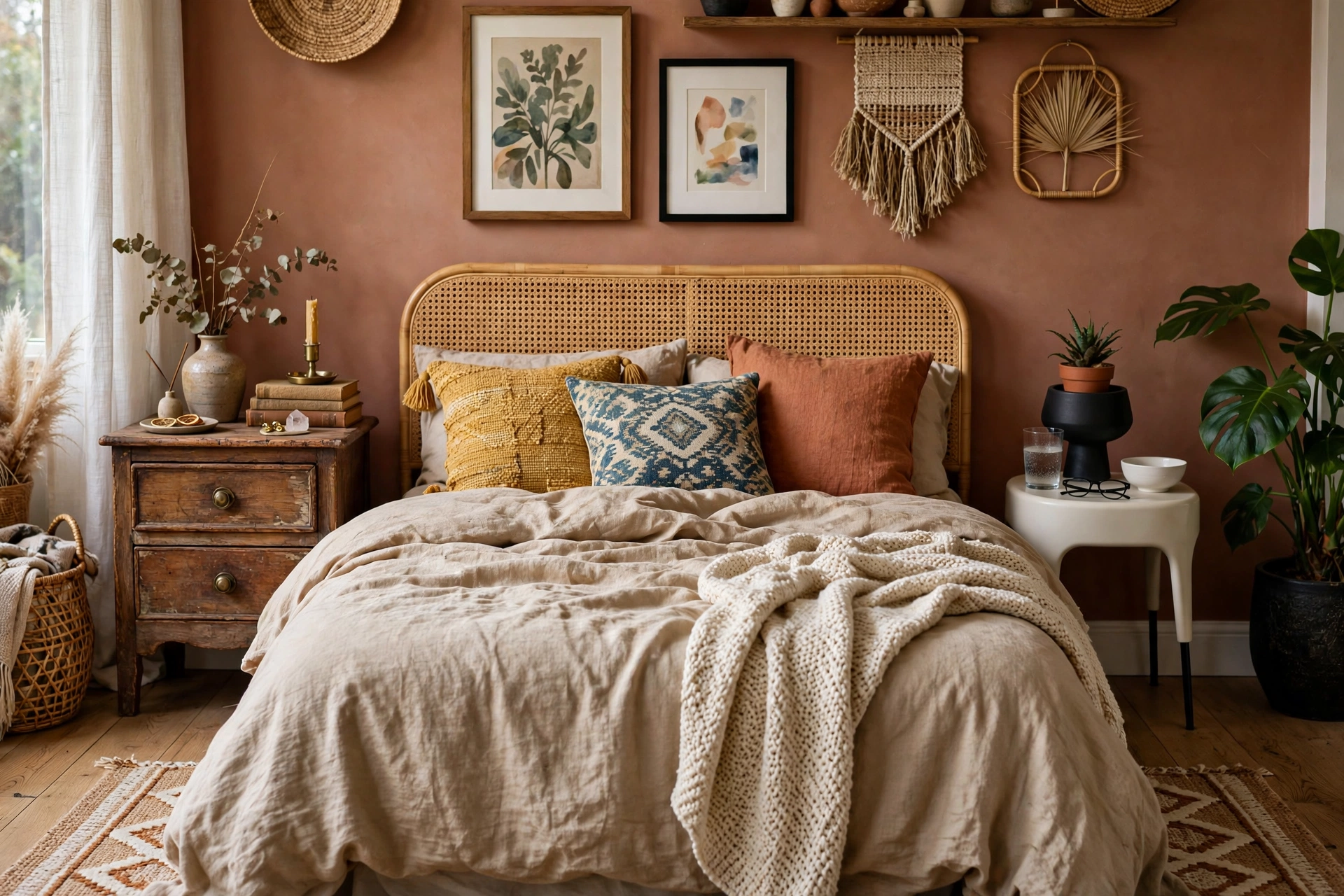 Mismatched Nightstands With Eclectic Charm Beside The Bed