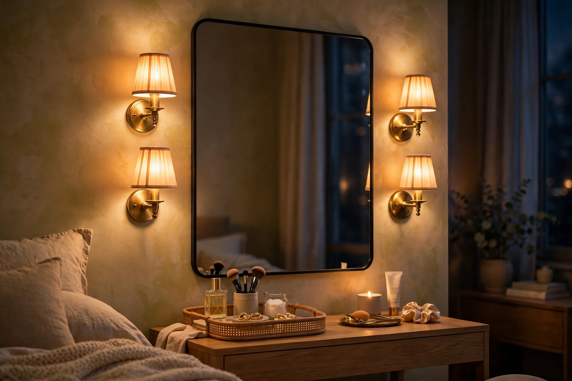 Vanity Mirror Flanked By Warm Wall Sconces