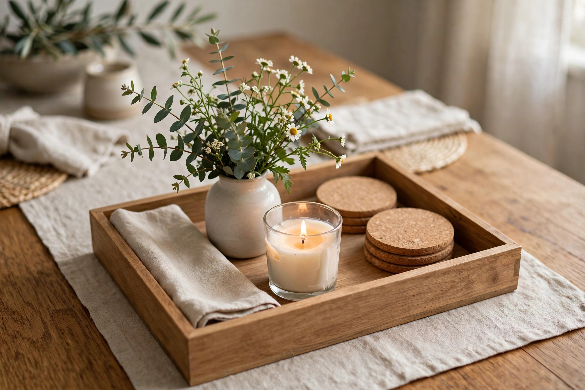 Wooden Tray Corraling Decor On Dining Table