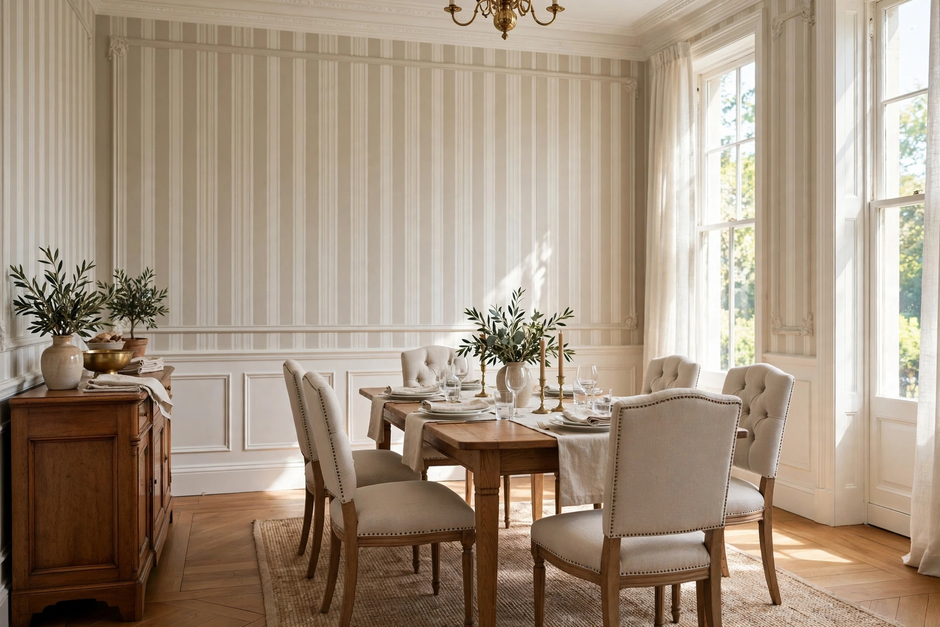Dining Room With Classic Vertical Striped Wallpaper