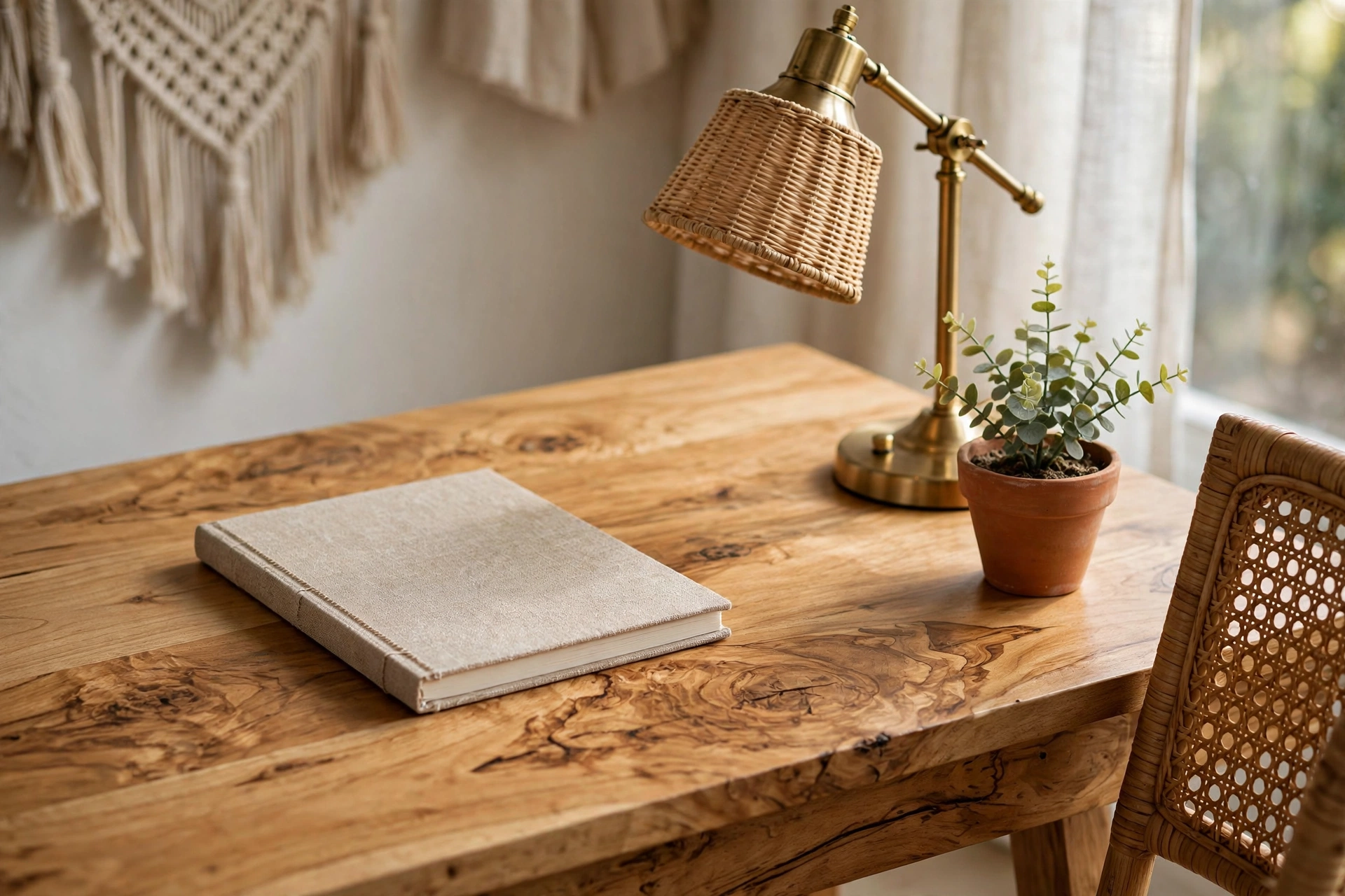 Solid mango wood desk with visible grain styled in a boho home office