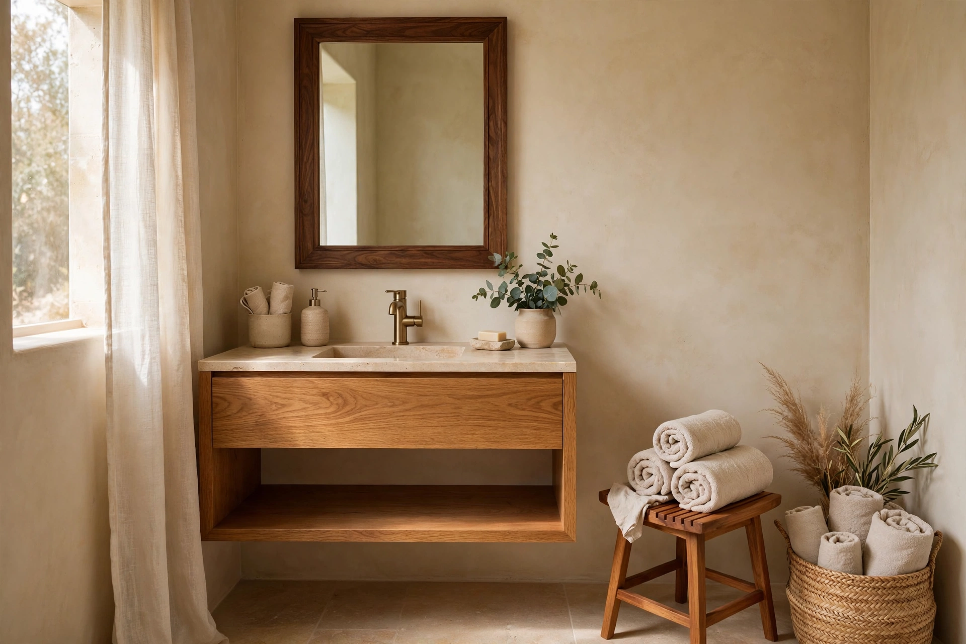 Half Bath With Warm Wood Vanity And Natural Textures