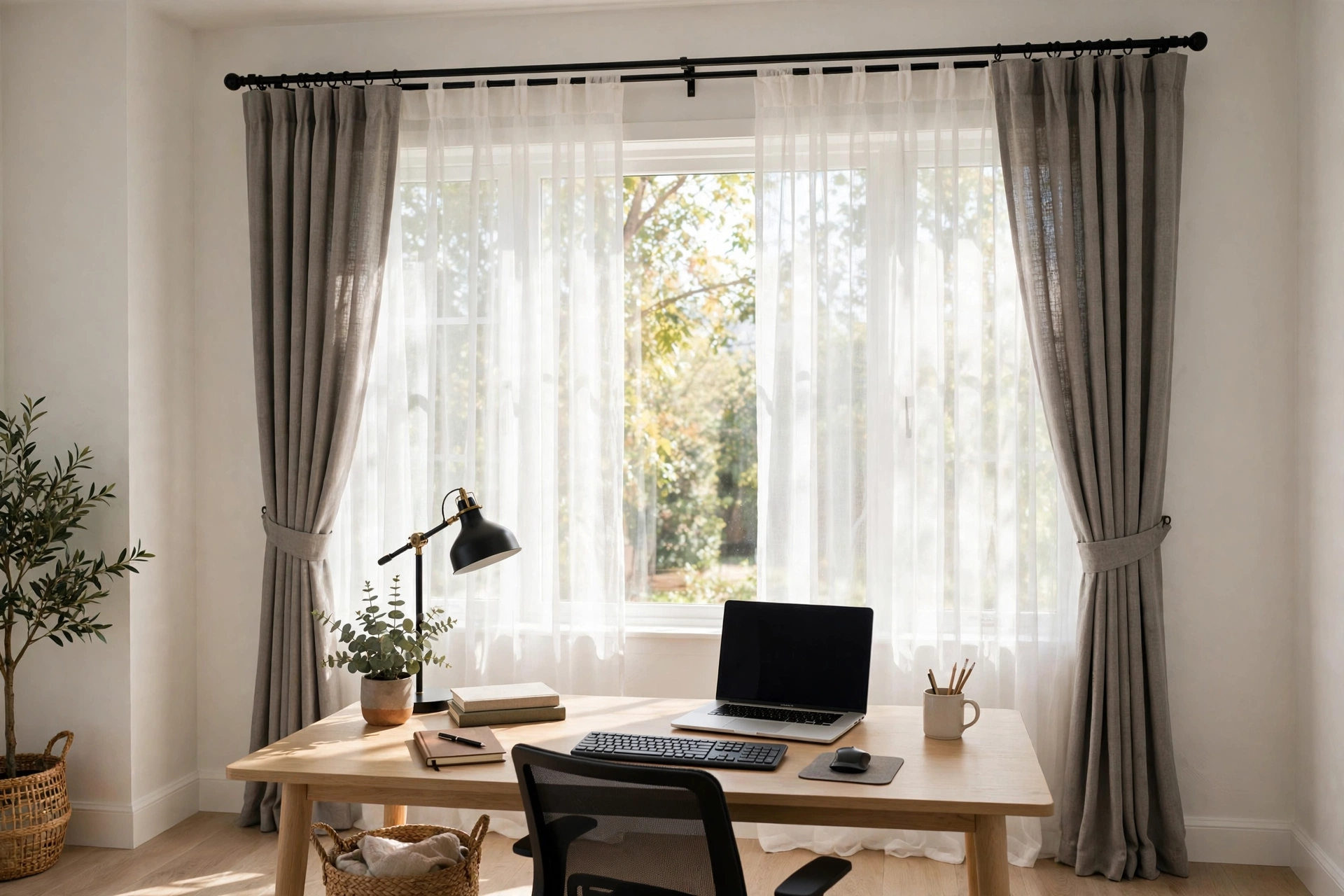 Double Rod Curtains With Sheers And Drapes In Home Office