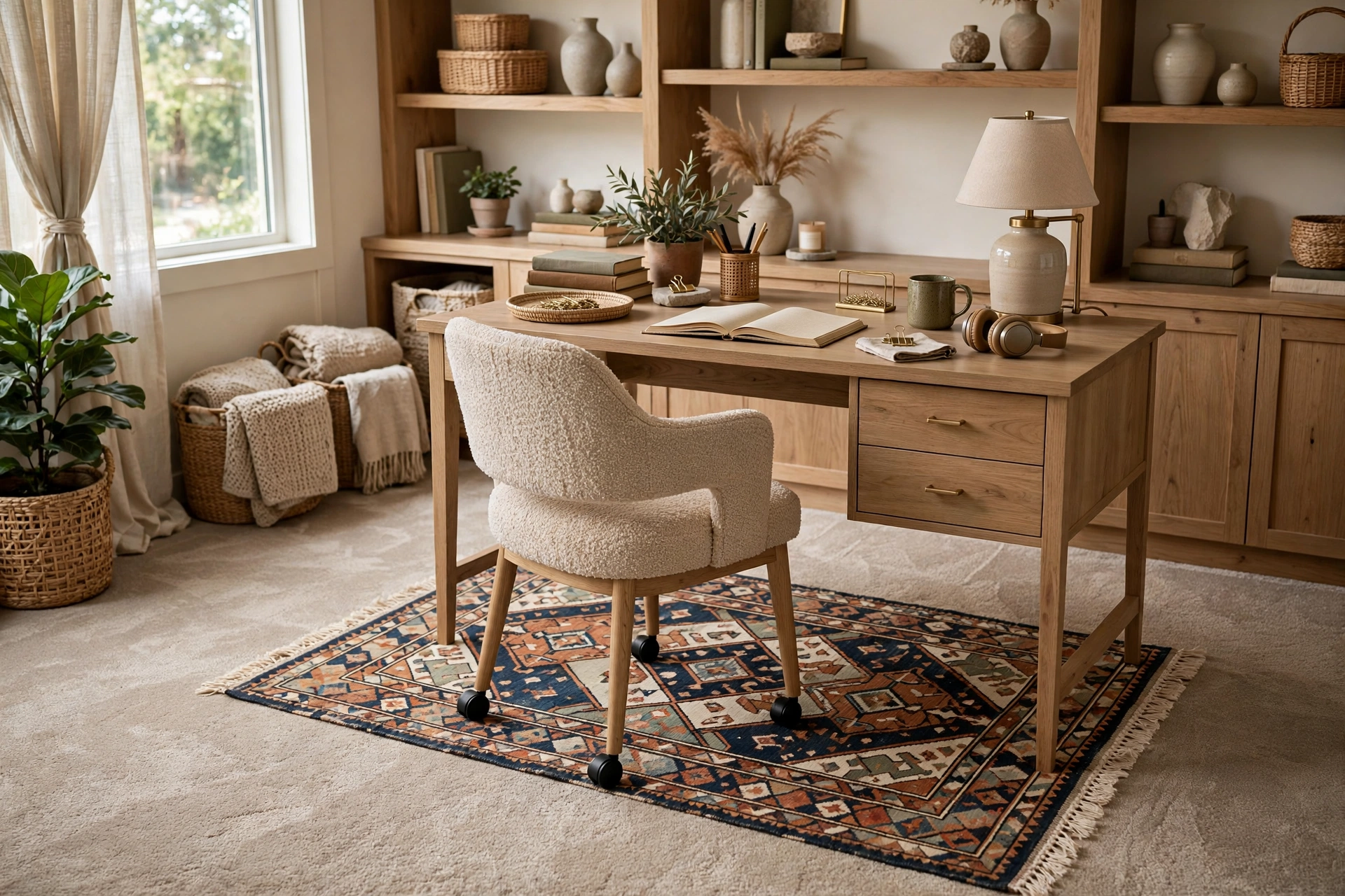 Layered Small Rug Over Carpet In Home Office