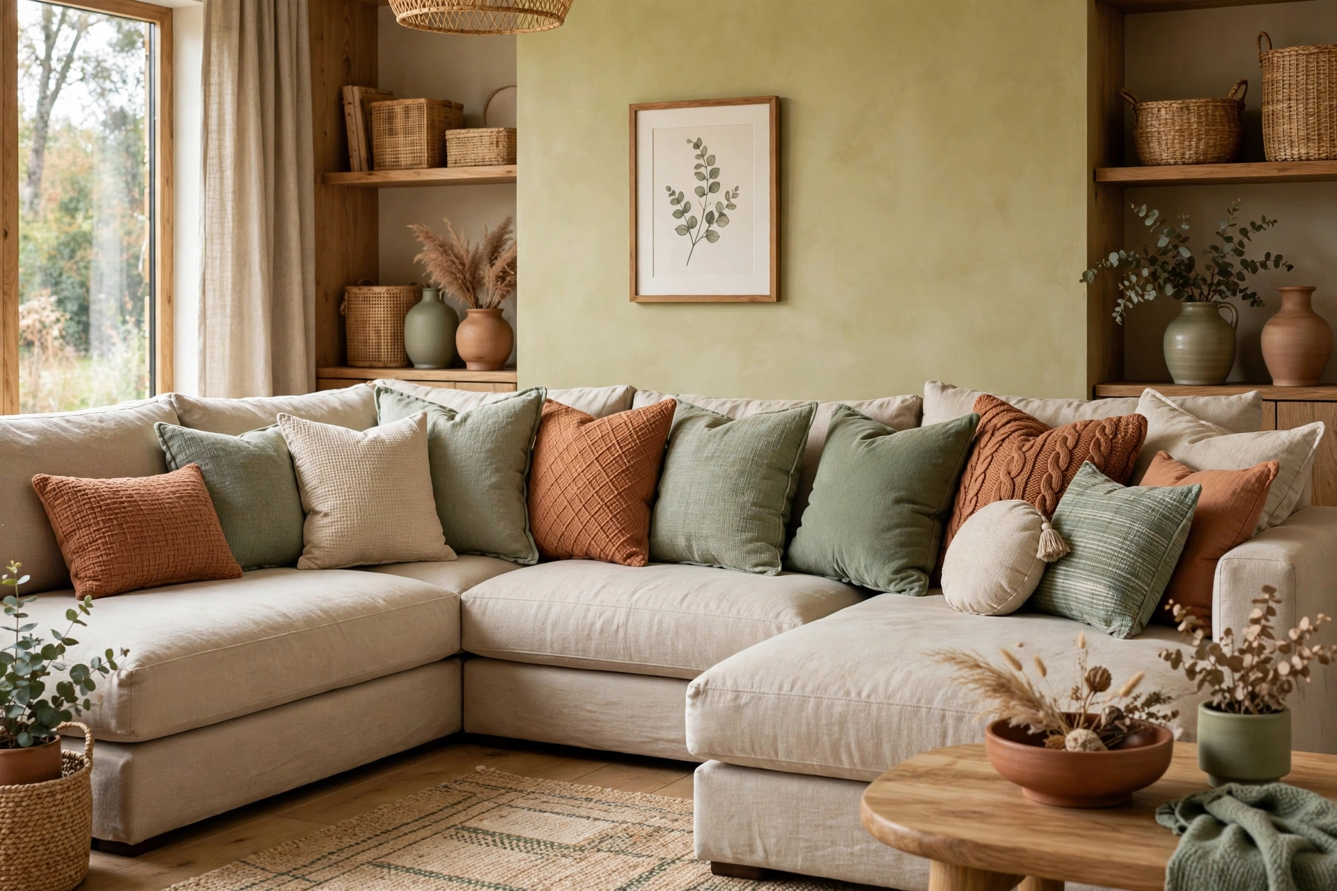 Graduated Throw Pillows Layered On A Sectional Sofa