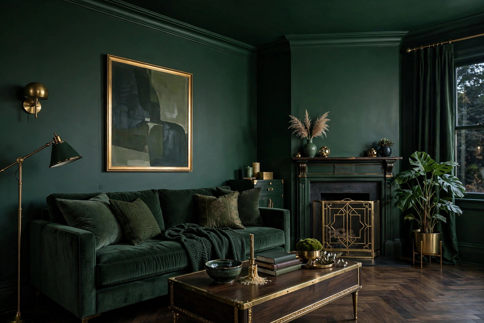 Color Drenched Walls And Ceiling In Deep Green Living Room
