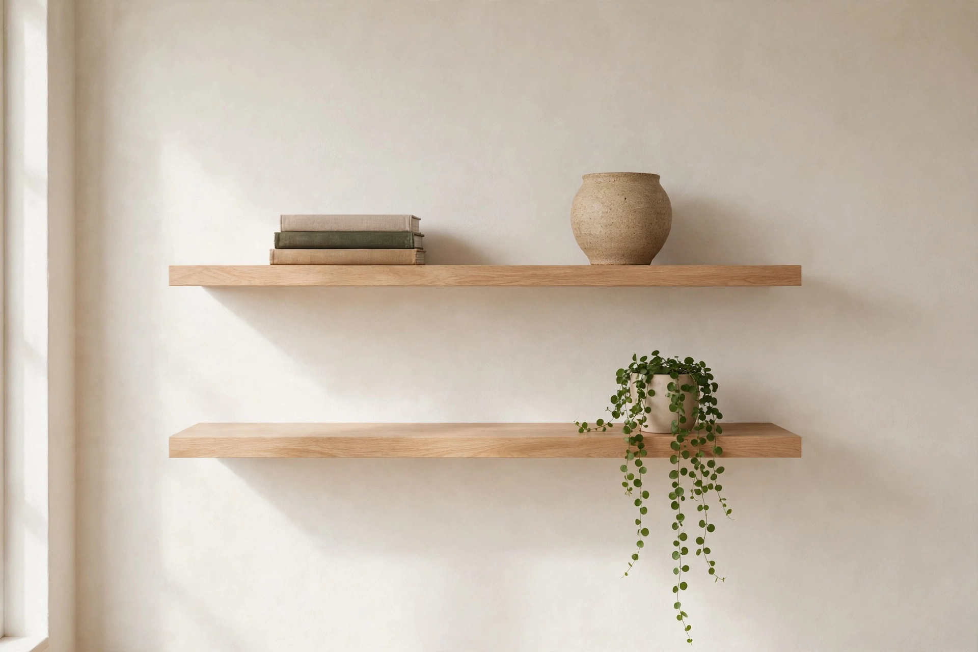 Floating light oak shelves with a few curated objects in Japandi living room