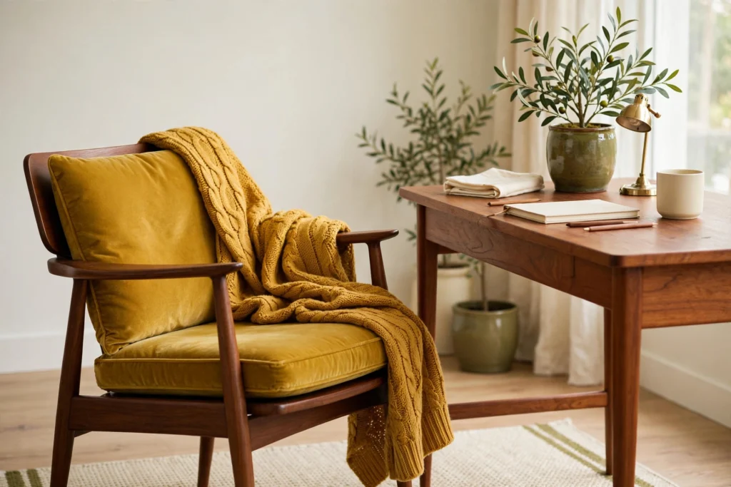 Mustard yellow velvet cushions and knitted throw on walnut lounge chair in home office