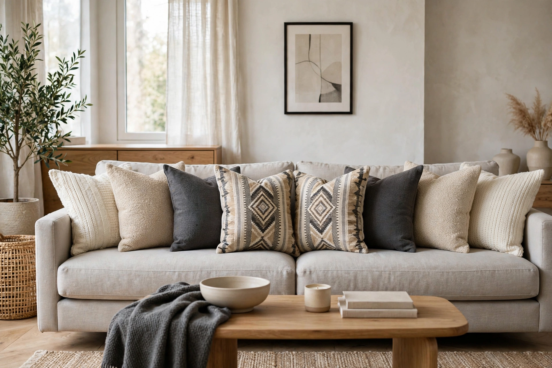 Solid Neutral Throw Pillows Anchoring A Sofa Arrangement