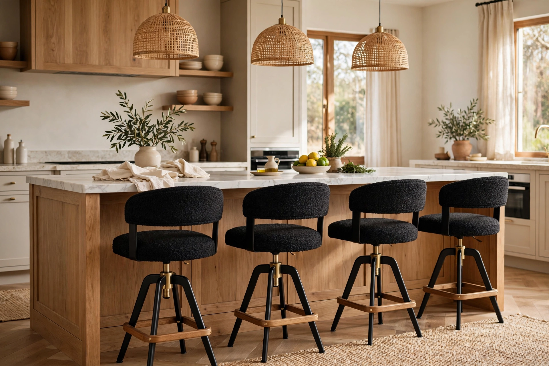 Swivel bar stools lined up at a sociable kitchen island