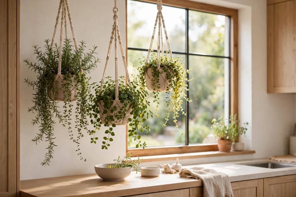 Hanging planters with trailing herbs suspended near a kitchen window