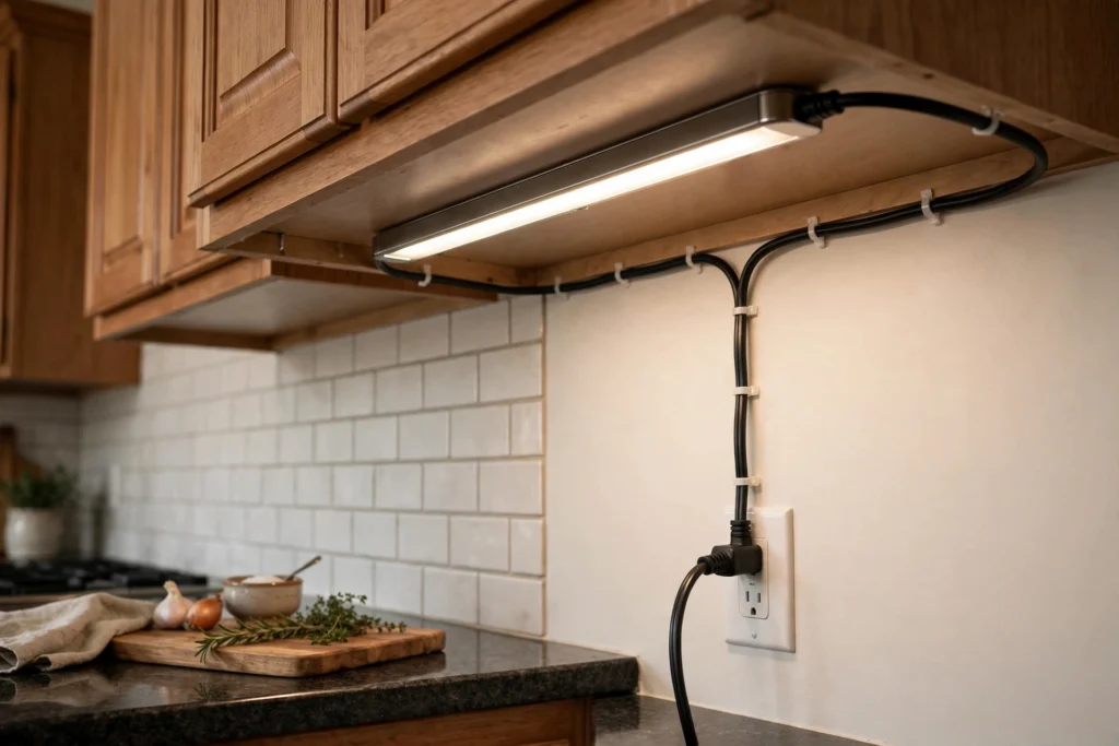Plug-in under cabinet light with neatly routed cord beneath kitchen cabinets