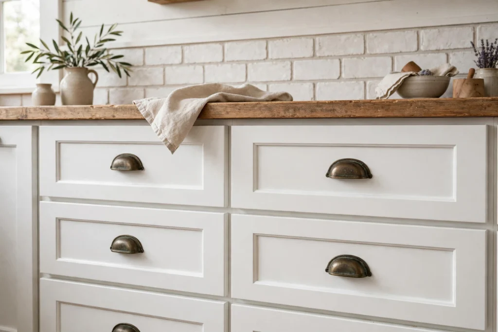 Aged bronze cup pulls on white shaker kitchen drawers in a farmhouse kitchen