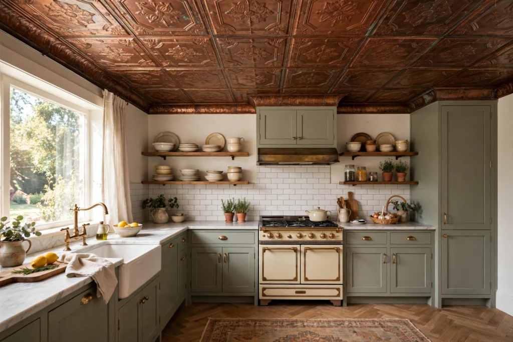 Antique copper tin ceiling tiles in a vintage-style kitchen