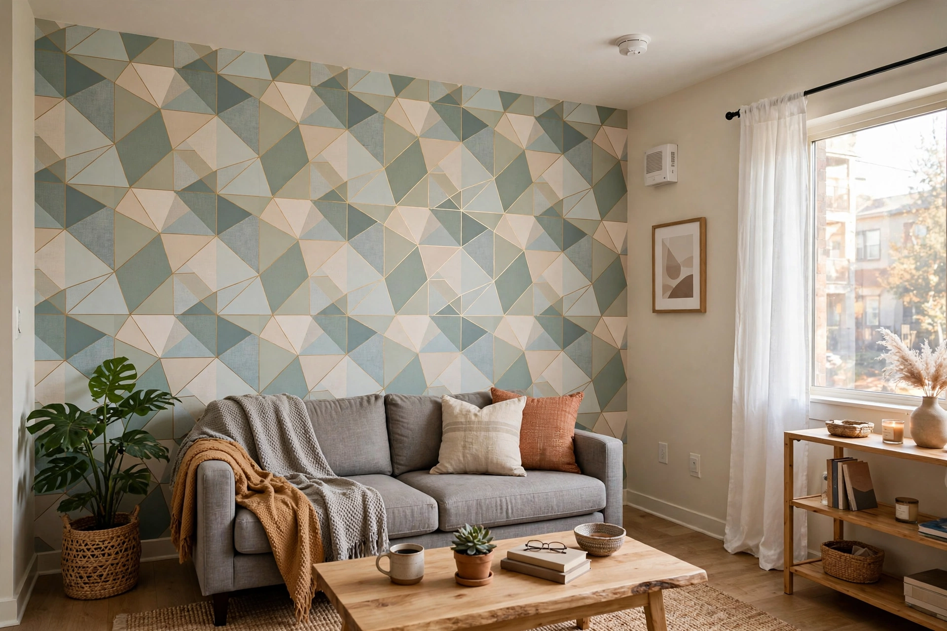 Peel and stick geometric wallpaper accent wall in a rental living room