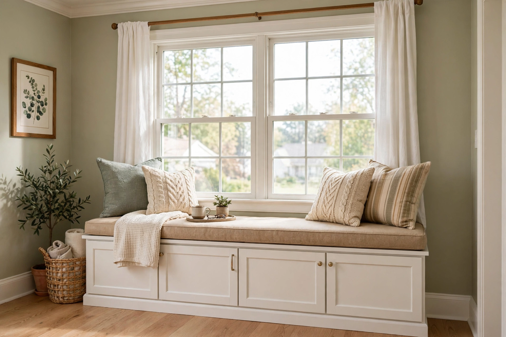 DIY window seat built from stock base cabinets painted to match living room trim