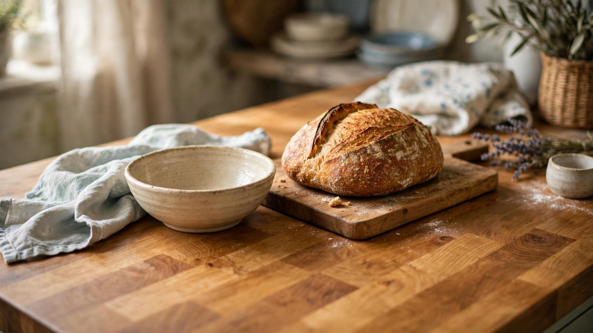 Warm honey-toned butcher-block countertops in a cottage kitchen