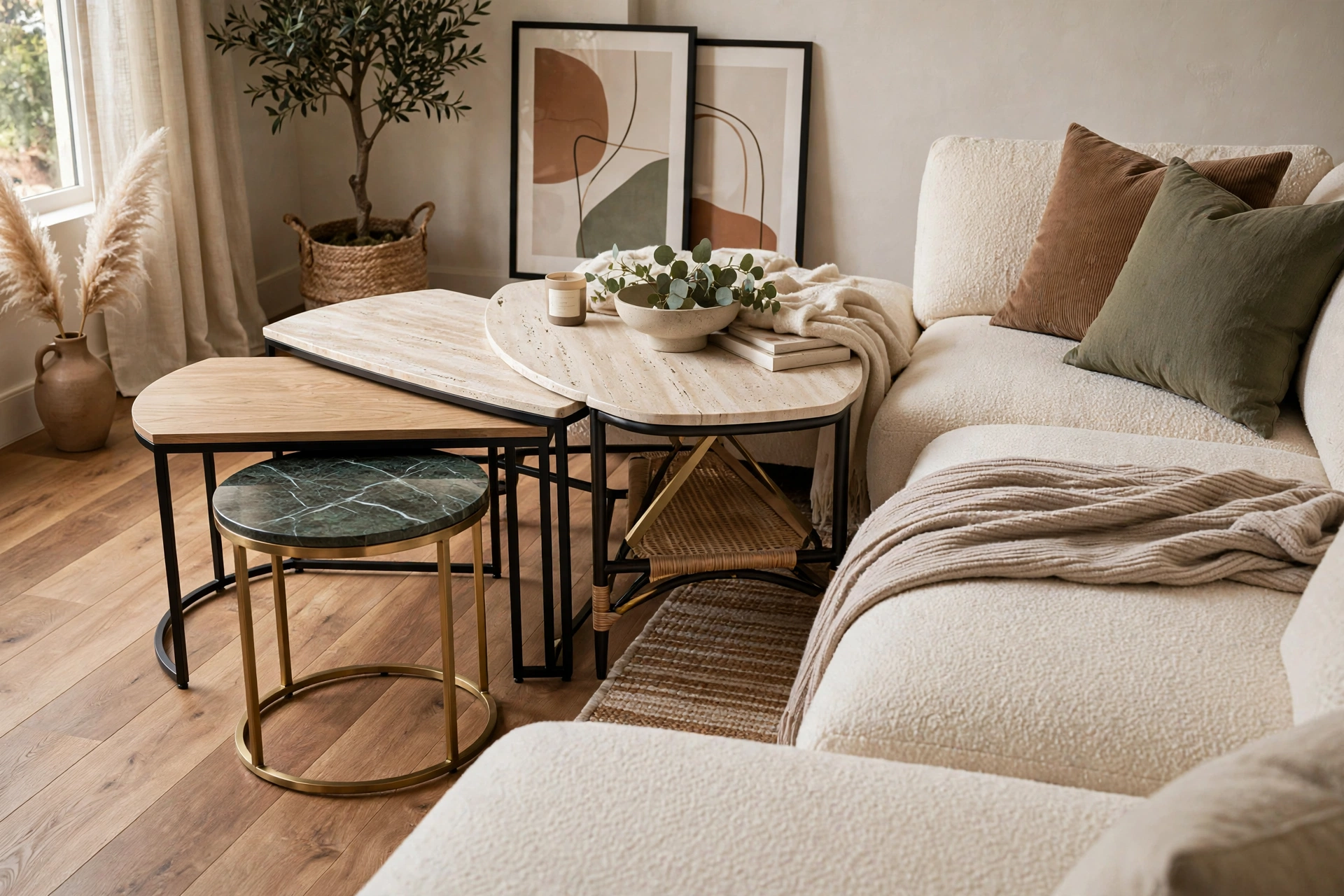 Nesting side tables in mixed materials fanned out beside a sectional sofa